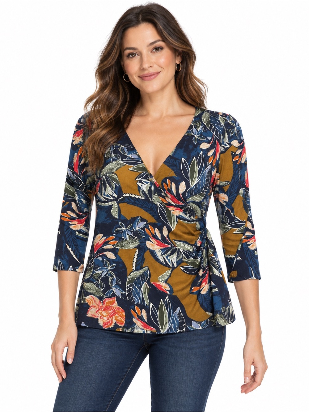Printed Wrap-Front Blouse in Navy and Mustard - 1085